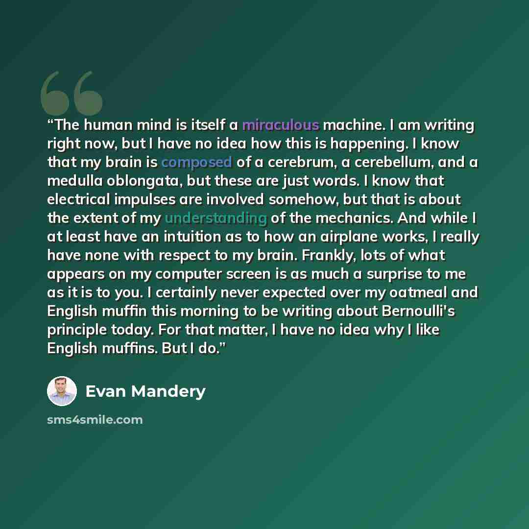 “The human mind is itself a miraculous machine. I am writing right now, but I have no idea how this is happening. I know that my brain is composed of a cerebrum, a cerebellum, and a medulla oblongata, but these are just words. I know that electrical impulses are involved somehow, but that is about…” quote by Evan Mandery