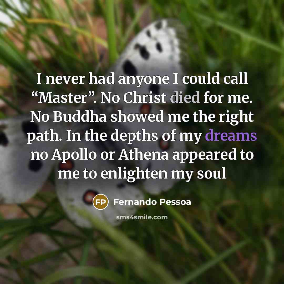 “I never had anyone I could call “Master”. No Christ died for me. No Buddha showed me the right path. In the depths of my dreams no Apollo or Athena appeared to me to enlighten my soul” quote by Fernando Pessoa