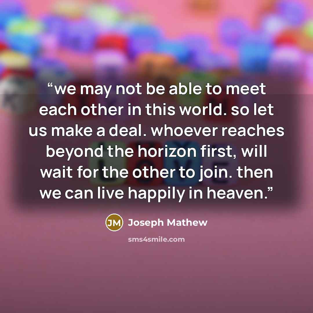 “we may not be able to meet each other in this world. so let us make a deal. whoever reaches beyond the horizon first, will wait for the other to join. then we can live happily in heaven.” quote by Joseph Mathew
