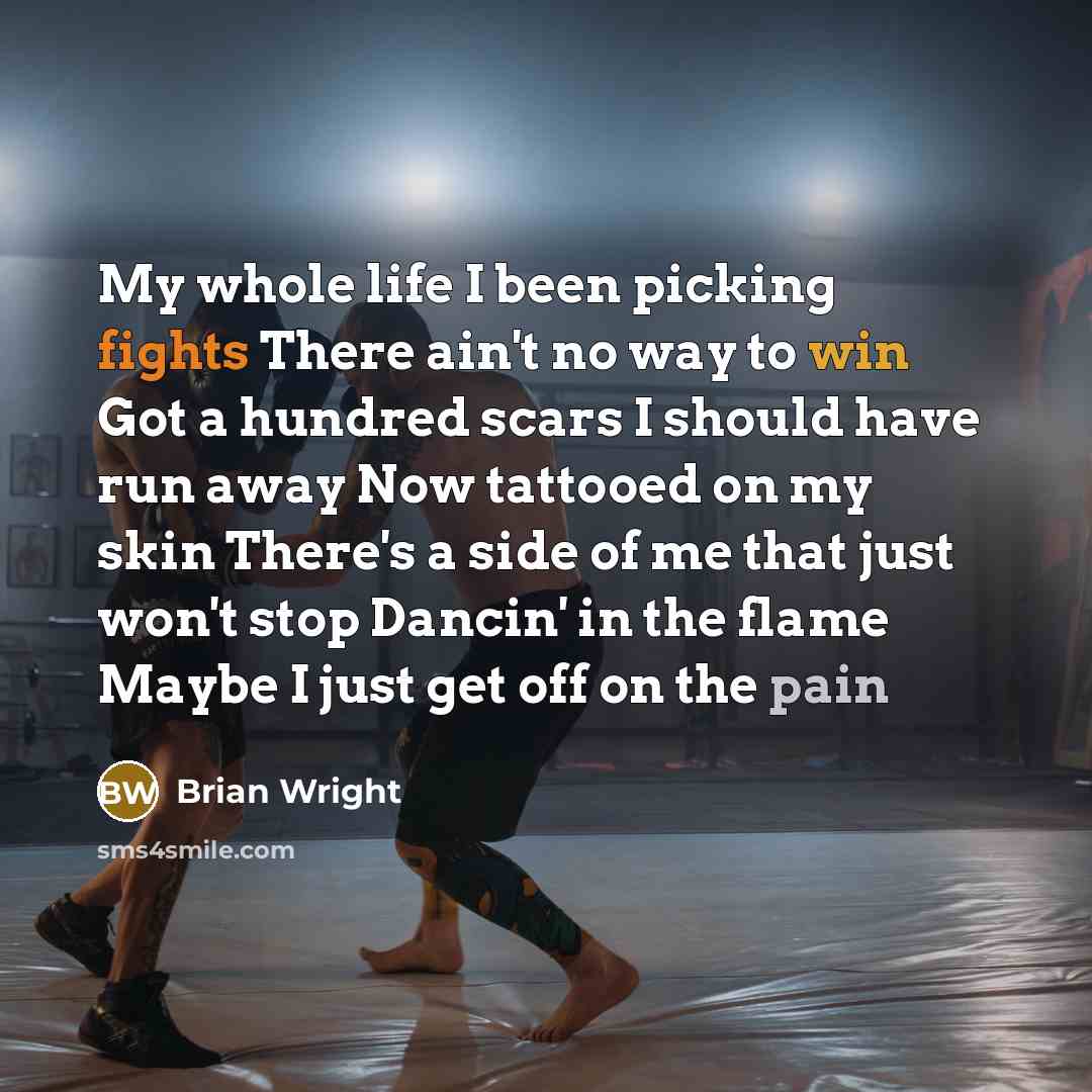 “My whole life I been picking fights There ain't no way to win Got a hundred scars I should have run away Now tattooed on my skin There's a side of me that just won't stop Dancin' in the flame Maybe I just get off on the pain” quote by Brian Wright