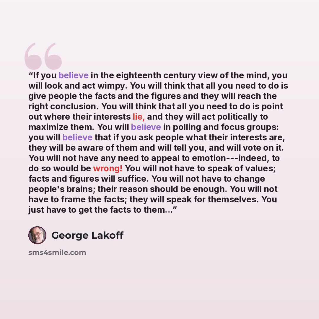 “If you believe in the eighteenth century view of the mind, you will look and act wimpy. You will think that all you need to do is give people the facts and the figures and they will reach the right conclusion. You will think that all you need to do is point out where their interests lie, and they…” quote by George Lakoff