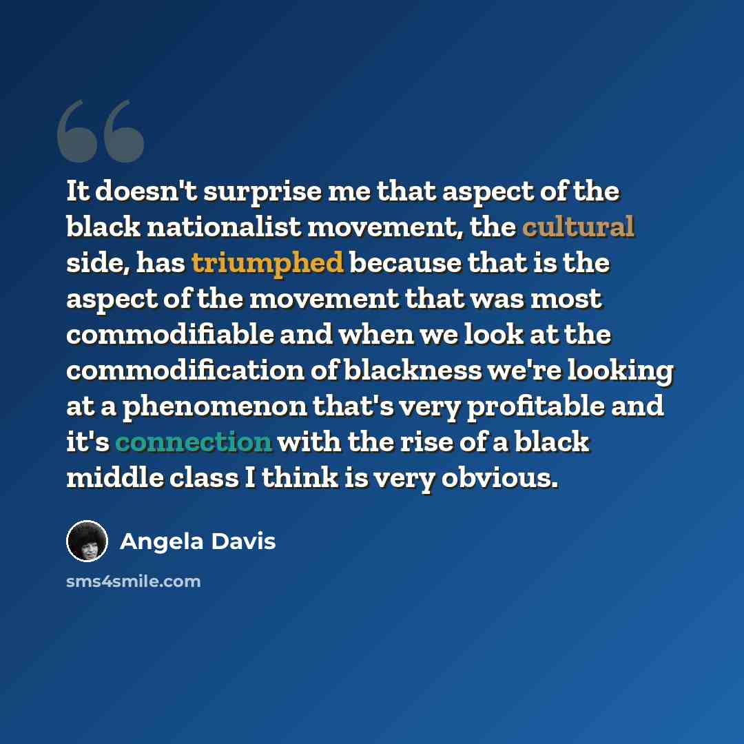 “It doesn't surprise me that aspect of the black nationalist movement, the cultural side, has triumphed because that is the aspect of the movement that was most commodifiable and when we look at the commodification of blackness we're looking at a phenomenon that's very profitable and it's…” quote by Angela Davis