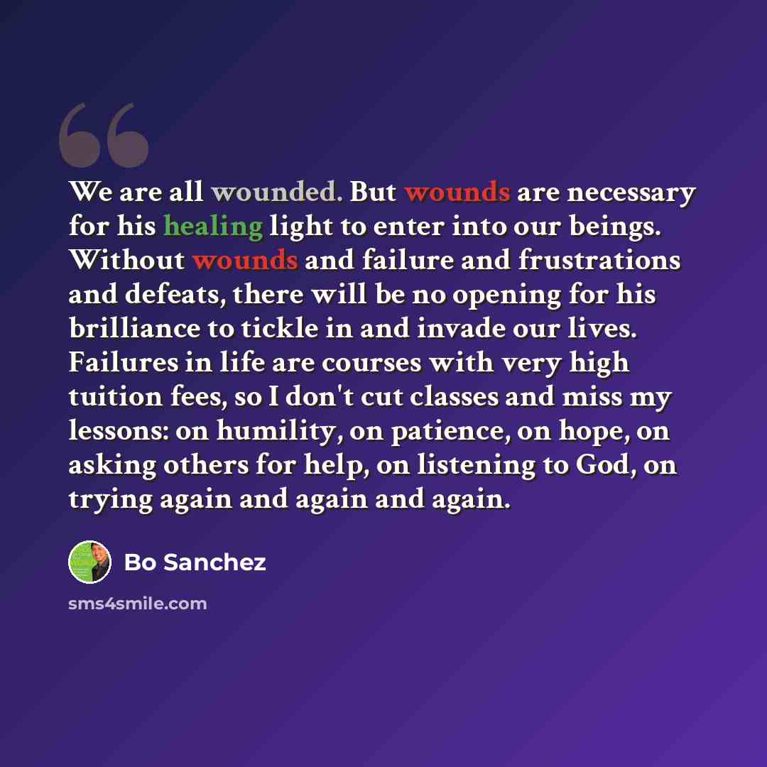 “We are all wounded. But wounds are necessary for his healing light to enter into our beings. Without wounds and failure and frustrations and defeats, there will be no opening for his brilliance to tickle in and invade our lives. Failures in life are courses with very high tuition fees, so I don't…” quote by Bo Sanchez