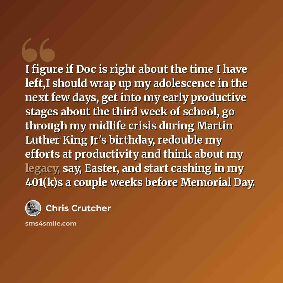 “I figure if Doc is right about the time I have left,I should wrap up my adolescence in the next few days, get into my early productive stages about the third week of school, go through my midlife crisis during Martin Luther King Jr's birthday, redouble my efforts at productivity and think about my…” quote by Chris Crutcher