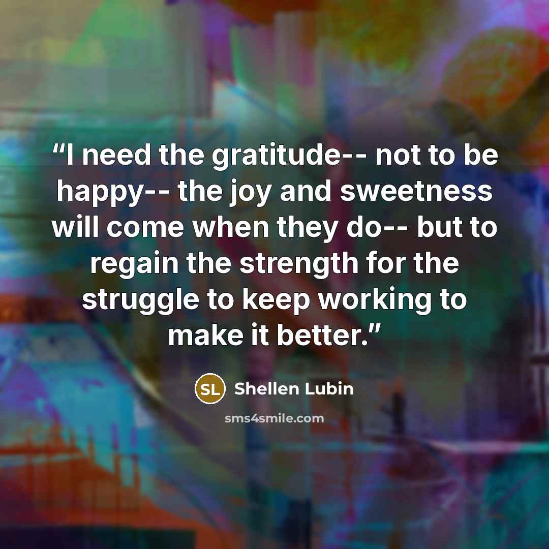 “I need the gratitude-- not to be happy-- the joy and sweetness will come when they do-- but to regain the strength for the struggle to keep working to make it better.” quote by Shellen Lubin