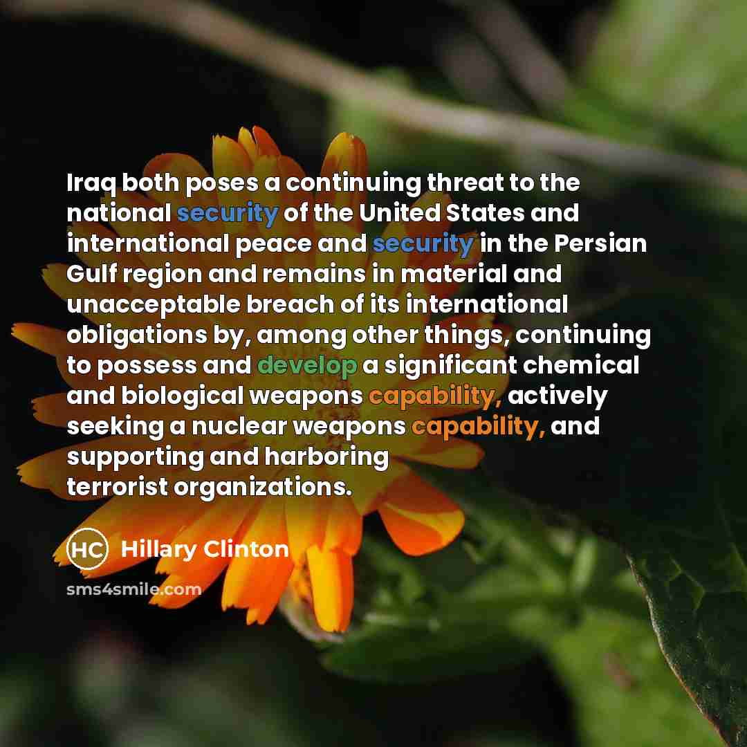 “Iraq both poses a continuing threat to the national security of the United States and international peace and security in the Persian Gulf region and remains in material and unacceptable breach of its international obligations by, among other things, continuing to possess and develop a significant…” quote by Hillary Clinton
