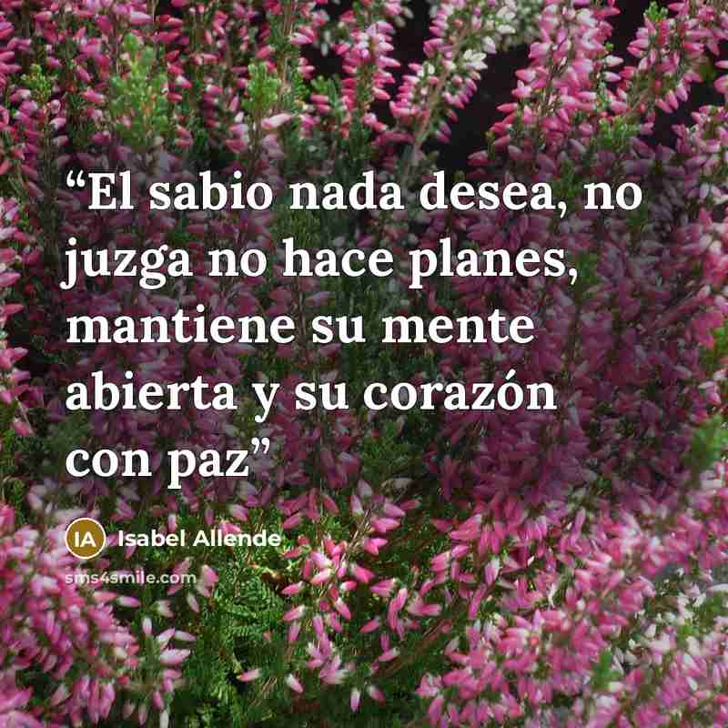 “El sabio nada desea, no juzga no hace planes, mantiene su mente abierta y su corazón con paz” quote by Isabel Allende
