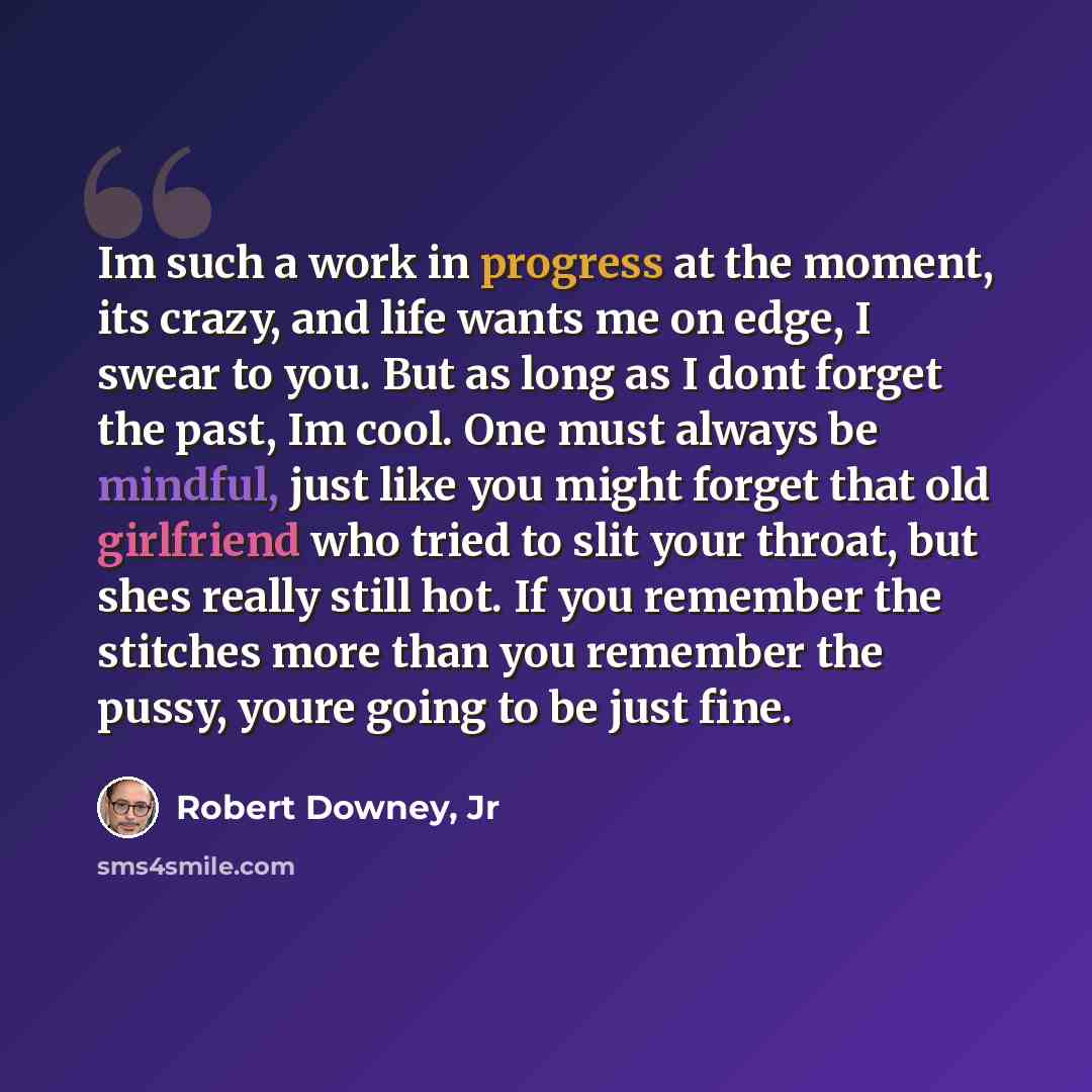“Im such a work in progress at the moment, its crazy, and life wants me on edge, I swear to you. But as long as I dont forget the past, Im cool. One must always be mindful, just like you might forget that old girlfriend who tried to slit your throat, but shes really still hot. If you remember the…” quote by Robert Downey, Jr