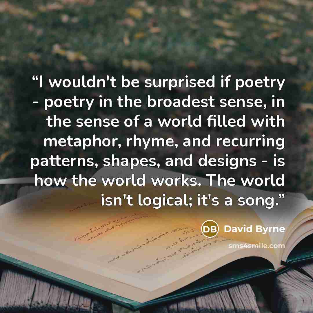 “I wouldn't be surprised if poetry - poetry in the broadest sense, in the sense of a world filled with metaphor, rhyme, and recurring patterns, shapes, and designs - is how the world works. The world isn't logical; it's a song.” quote by David Byrne