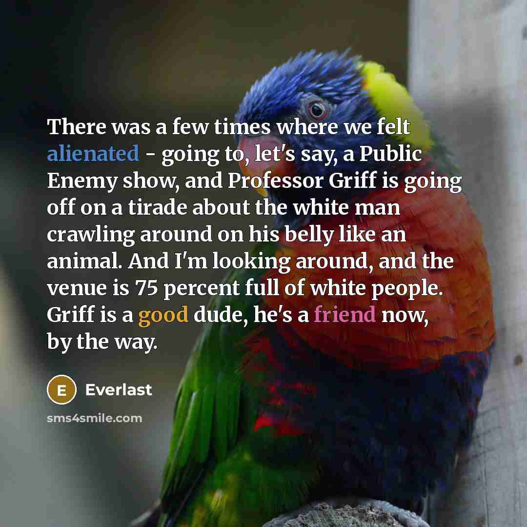 “There was a few times where we felt alienated - going to, let's say, a Public Enemy show, and Professor Griff is going off on a tirade about the white man crawling around on his belly like an animal. And I'm looking around, and the venue is 75 percent full of white people. Griff is a good dude…” quote by Everlast