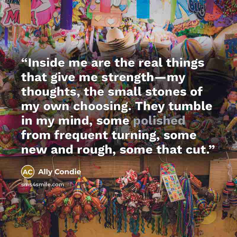“Inside me are the real things that give me strength—my thoughts, the small stones of my own choosing. They tumble in my mind, some polished from frequent turning, some new and rough, some that cut.” quote by Ally Condie