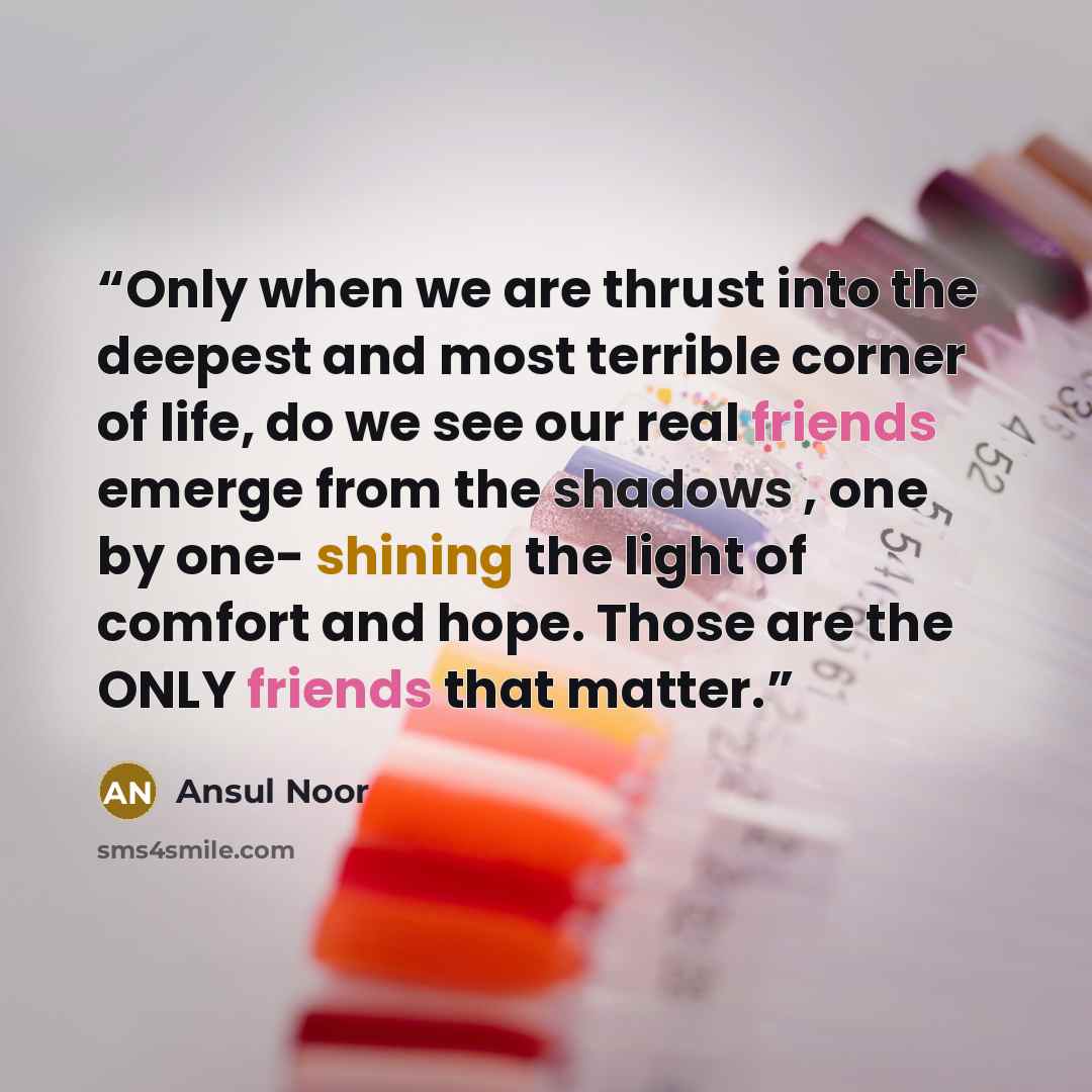 “Only when we are thrust into the deepest and most terrible corner of life, do we see our real friends emerge from the shadows , one by one- shining the light of comfort and hope. Those are the ONLY friends that matter.” quote by Ansul Noor