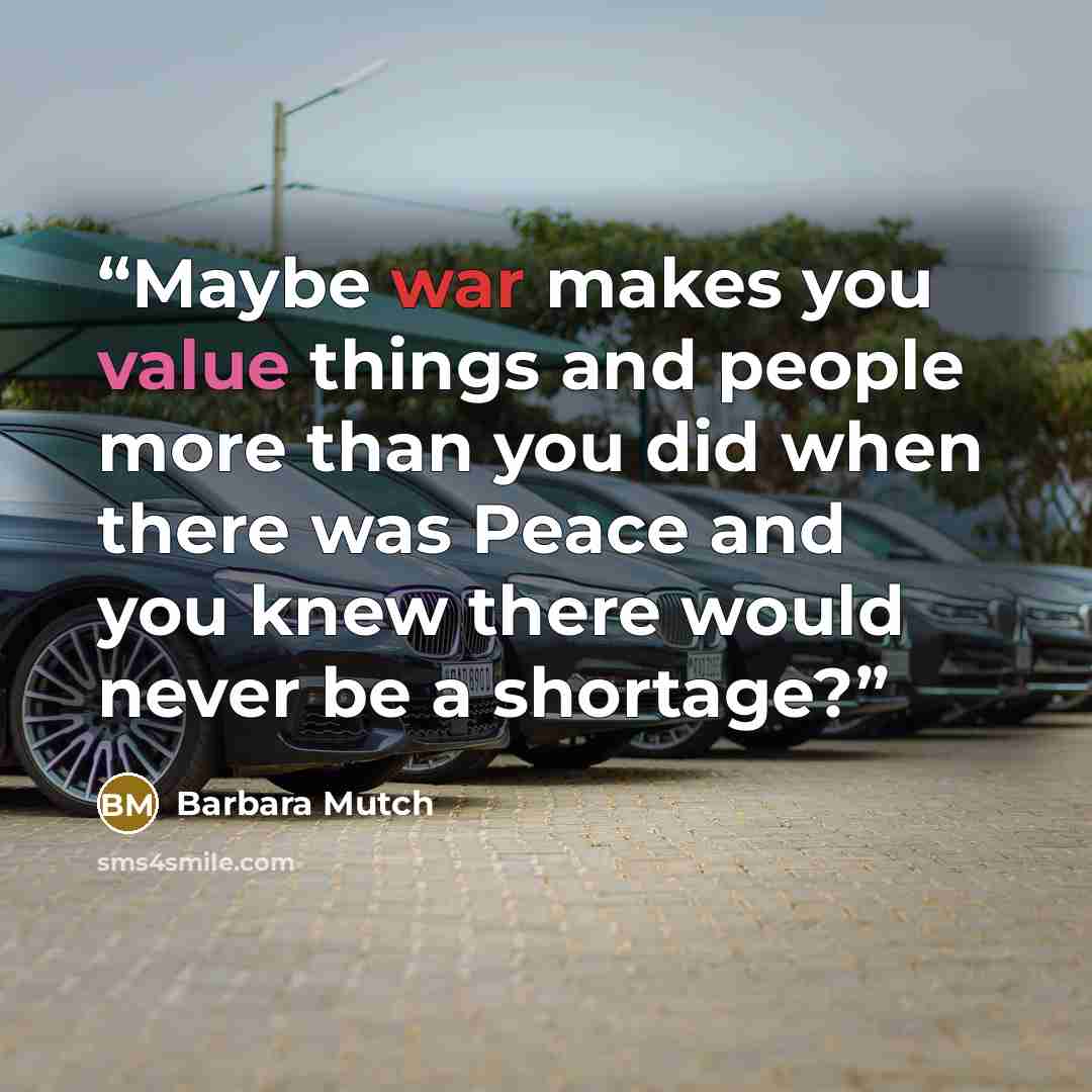 “Maybe war makes you value things and people more than you did when there was Peace and you knew there would never be a shortage?” quote by Barbara Mutch