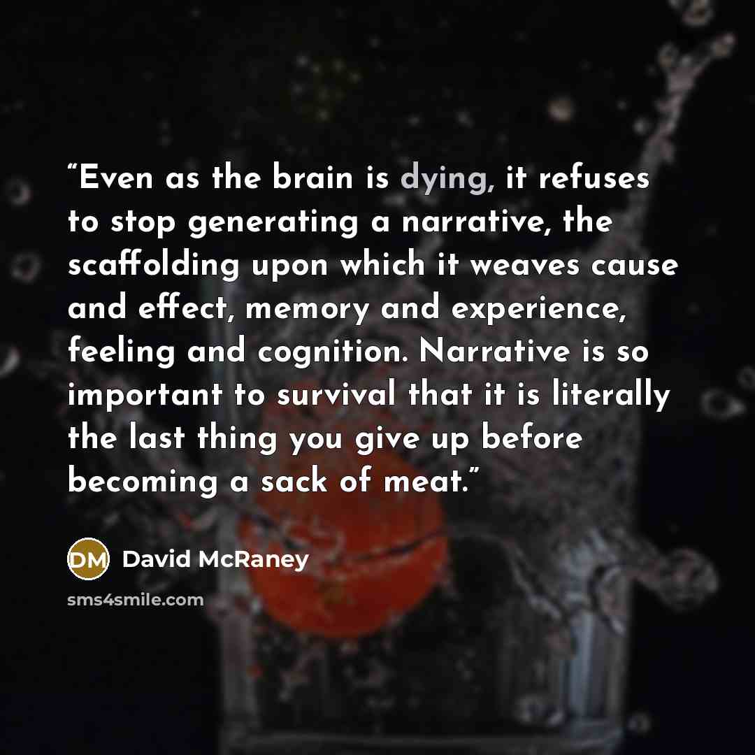“Even as the brain is dying, it refuses to stop generating a narrative, the scaffolding upon which it weaves cause and effect, memory and experience, feeling and cognition. Narrative is so important to survival that it is literally the last thing you give up before becoming a sack of meat.” quote by David McRaney