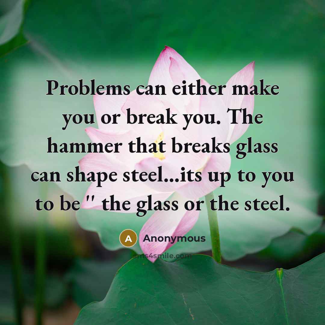 “Problems can either make you or break you. The hammer that breaks glass can shape steel...its up to you to be '' the glass or the steel.” quote by Anonymous