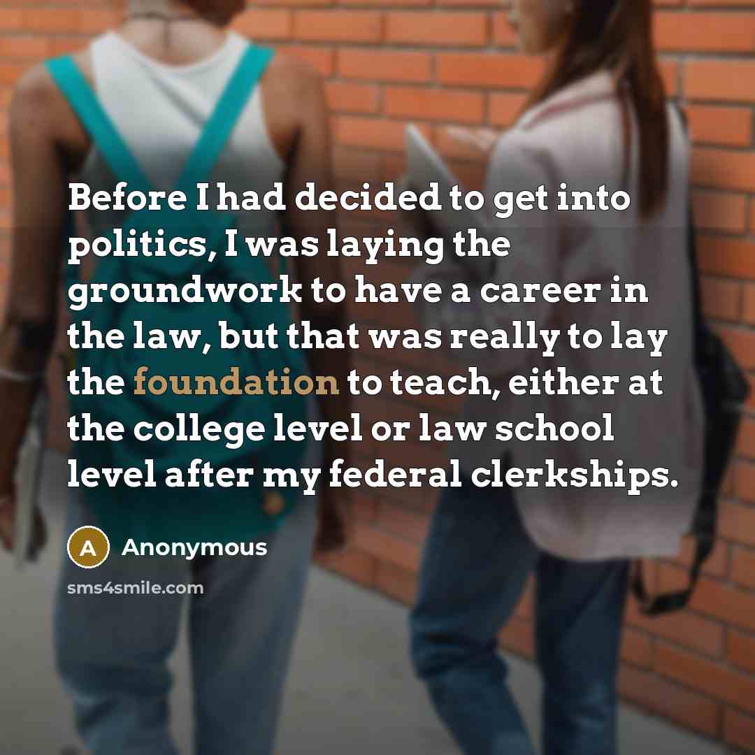 “Before I had decided to get into politics, I was laying the groundwork to have a career in the law, but that was really to lay the foundation to teach, either at the college level or law school level after my federal clerkships.” quote by Anonymous
