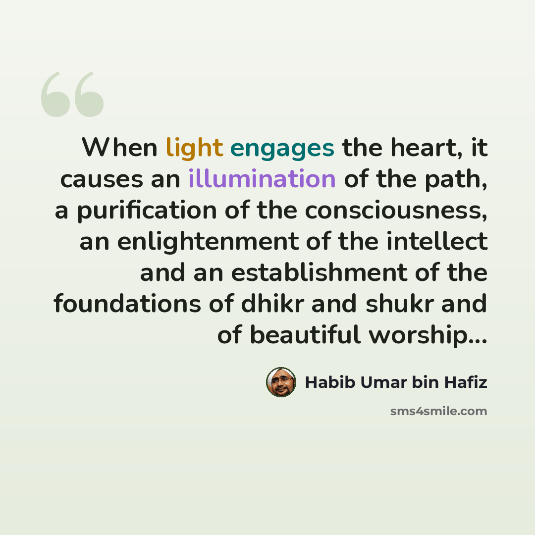 “When light engages the heart, it causes an illumination of the path, a purification of the consciousness, an enlightenment of the intellect and an establishment of the foundations of dhikr and shukr and of beautiful worship...” quote by Habib Umar bin Hafiz