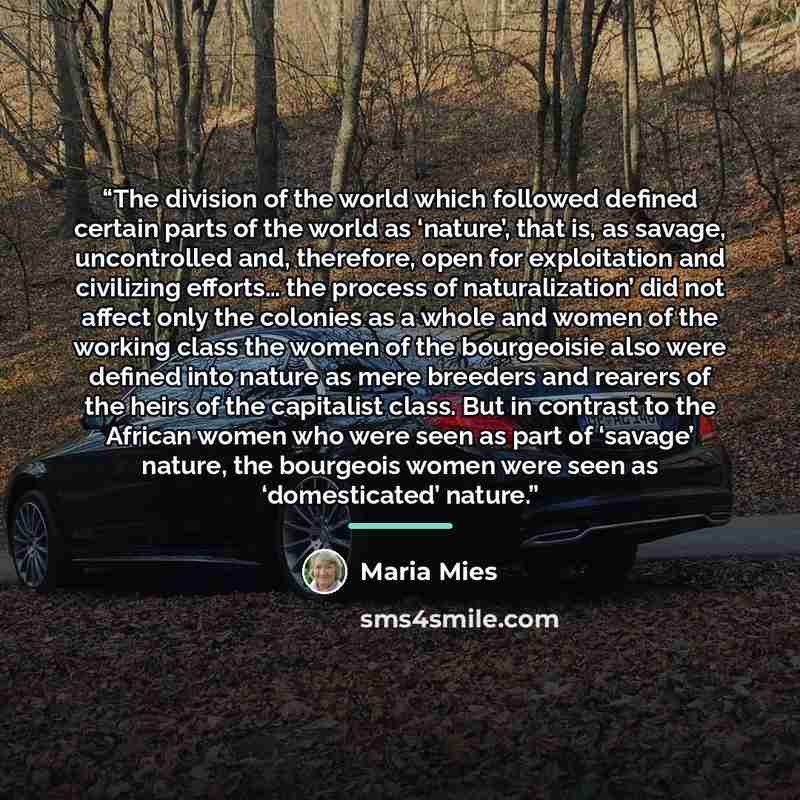 “The division of the world which followed defined certain parts of the world as ‘nature’, that is, as savage, uncontrolled and, therefore, open for exploitation and civilizing efforts… the process of naturalization’ did not affect only the colonies as a whole and women of the working class the…” quote by Maria Mies