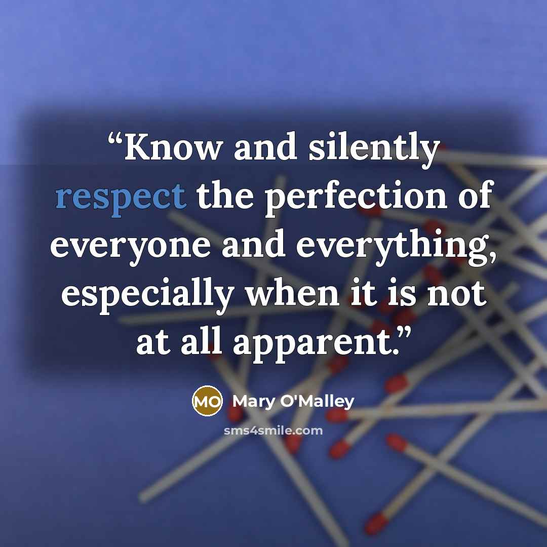 “Know and silently respect the perfection of everyone and everything, especially when it is not at all apparent.” quote by Mary O'Malley