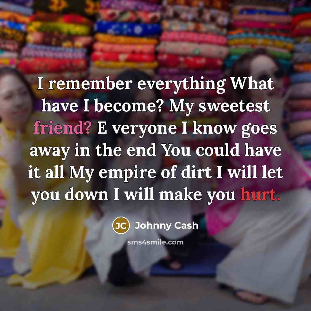 “I remember everything What have I become? My sweetest friend? E veryone I know goes away in the end You could have it all My empire of dirt I will let you down I will make you hurt.” quote by Johnny Cash