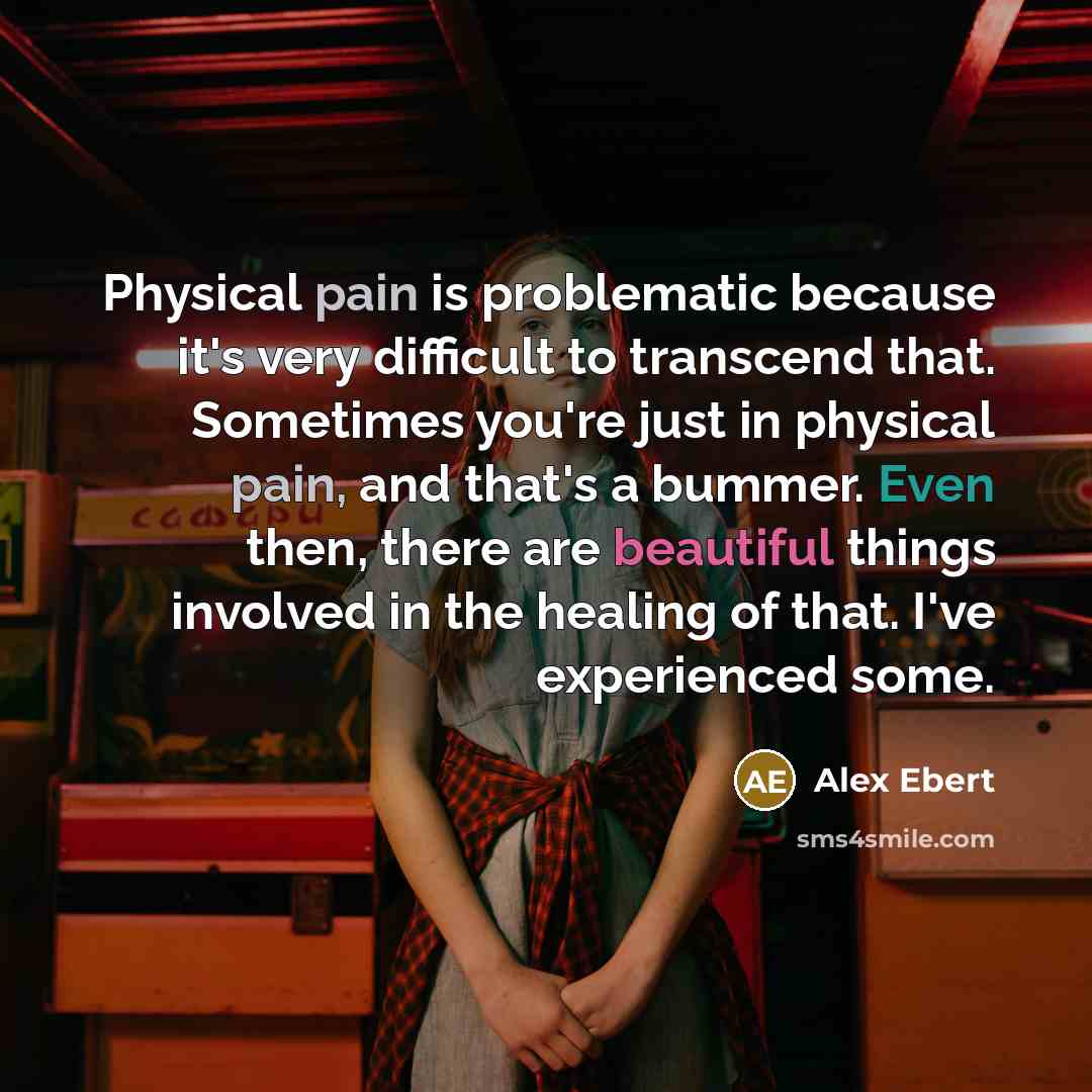 “Physical pain is problematic because it's very difficult to transcend that. Sometimes you're just in physical pain, and that's a bummer. Even then, there are beautiful things involved in the healing of that. I've experienced some.” quote by Alex Ebert
