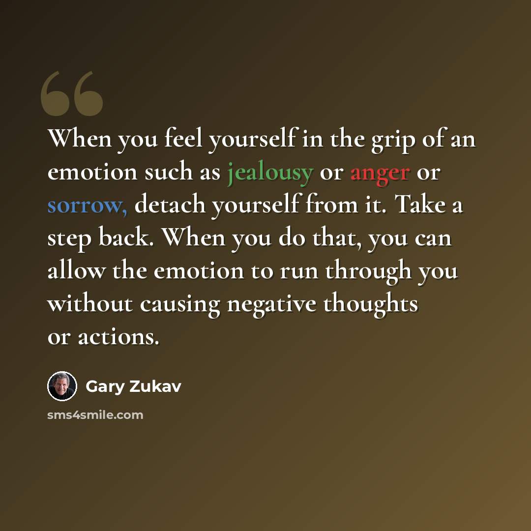 “When you feel yourself in the grip of an emotion such as jealousy or anger or sorrow, detach yourself from it. Take a step back. When you do that, you can allow the emotion to run through you without causing negative thoughts or actions.” quote by Gary Zukav