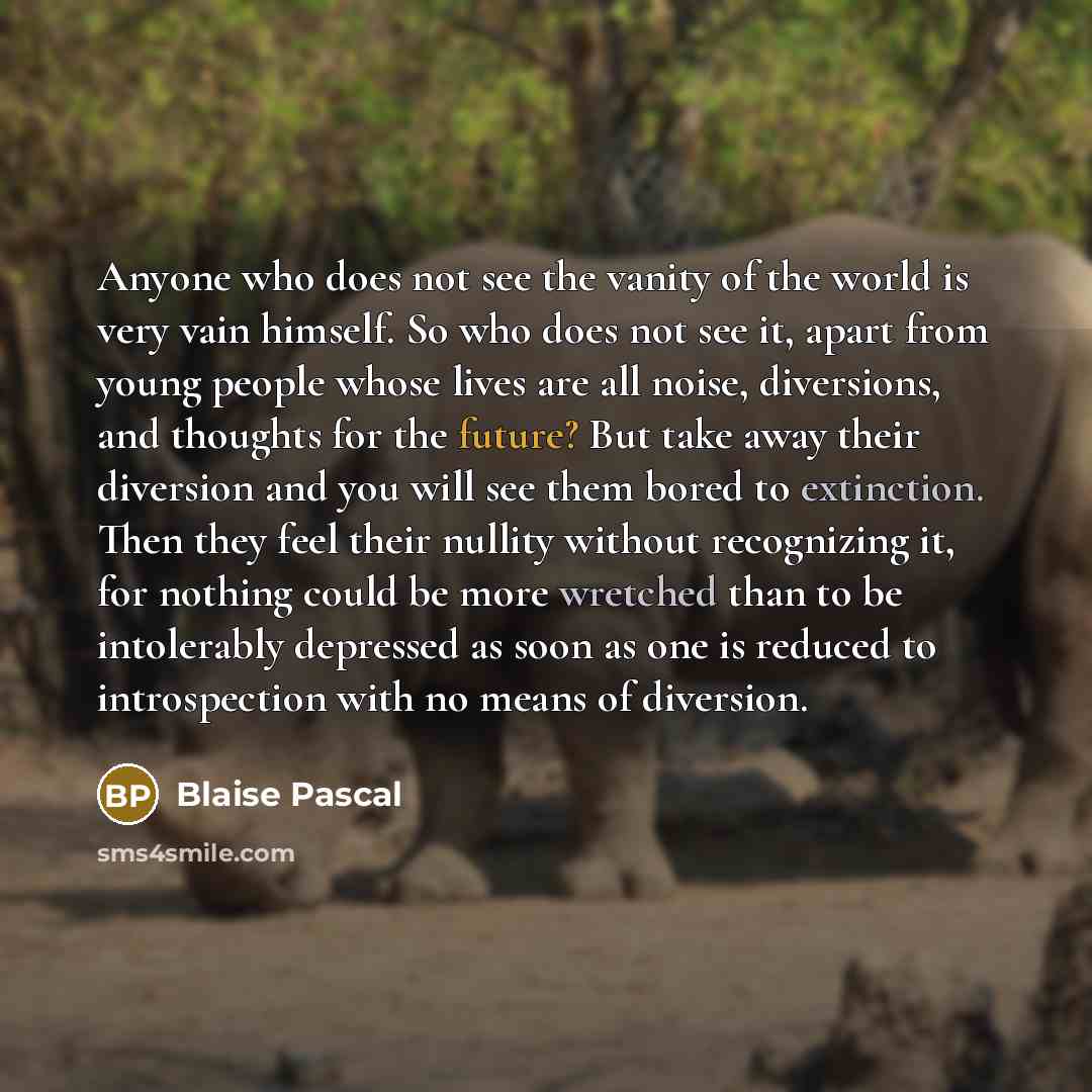“Anyone who does not see the vanity of the world is very vain himself. So who does not see it, apart from young people whose lives are all noise, diversions, and thoughts for the future? But take away their diversion and you will see them bored to extinction. Then they feel their nullity without…” quote by Blaise Pascal