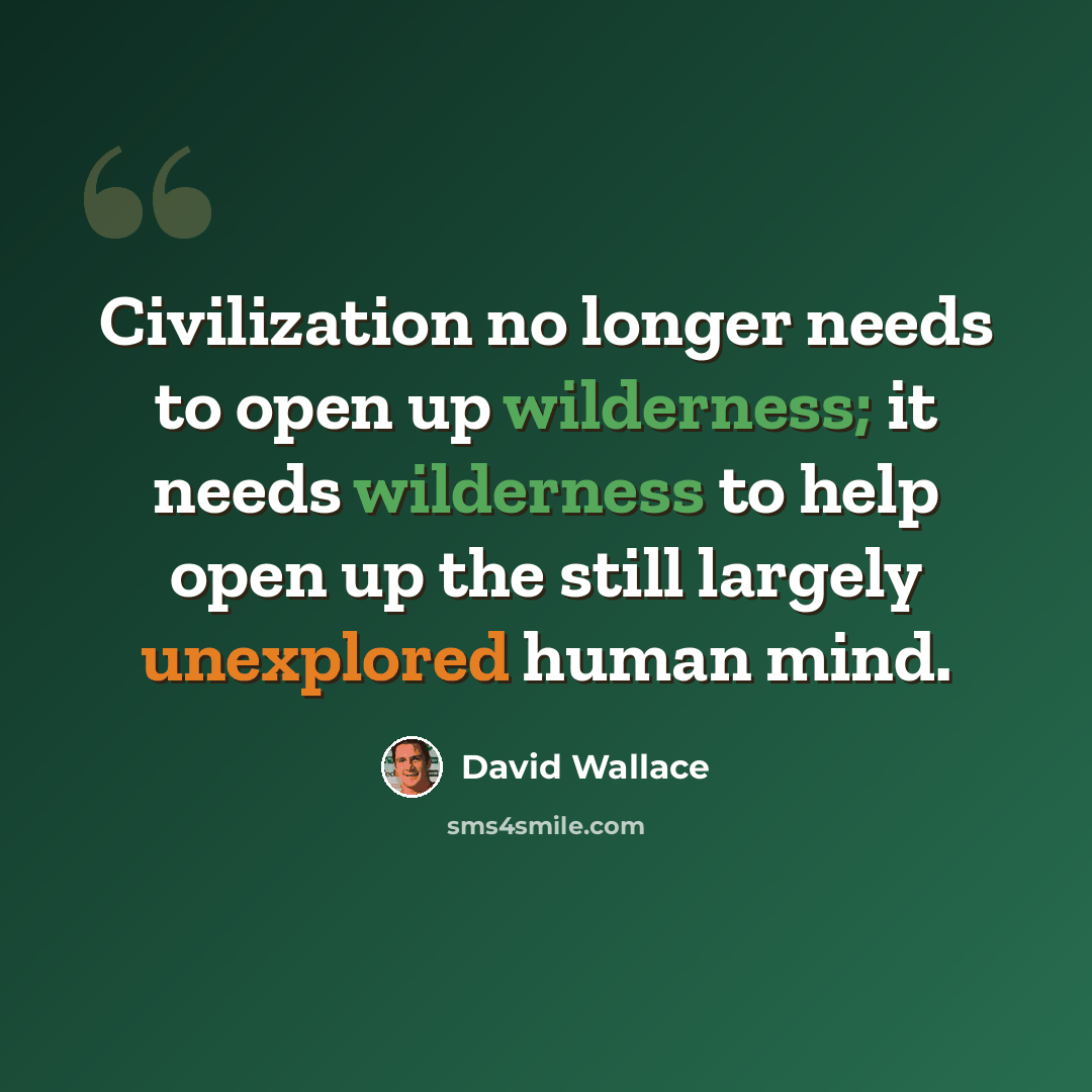 “Civilization no longer needs to open up wilderness; it needs wilderness to help open up the still largely unexplored human mind.” quote by David Wallace