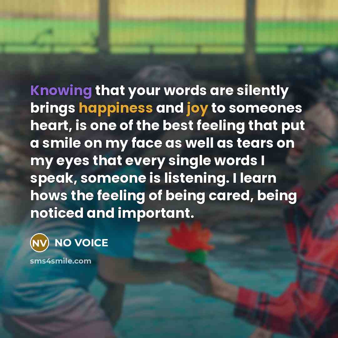 “Knowing that your words are silently brings happiness and joy to someones heart, is one of the best feeling that put a smile on my face as well as tears on my eyes that every single words I speak, someone is listening. I learn hows the feeling of being cared, being noticed and important.” quote by NO VOICE
