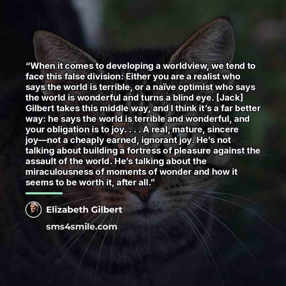“When it comes to developing a worldview, we tend to face this false division: Either you are a realist who says the world is terrible, or a naïve optimist who says the world is wonderful and turns a blind eye. [Jack] Gilbert takes this middle way, and I think it’s a far better way: he says the…” quote by Elizabeth Gilbert