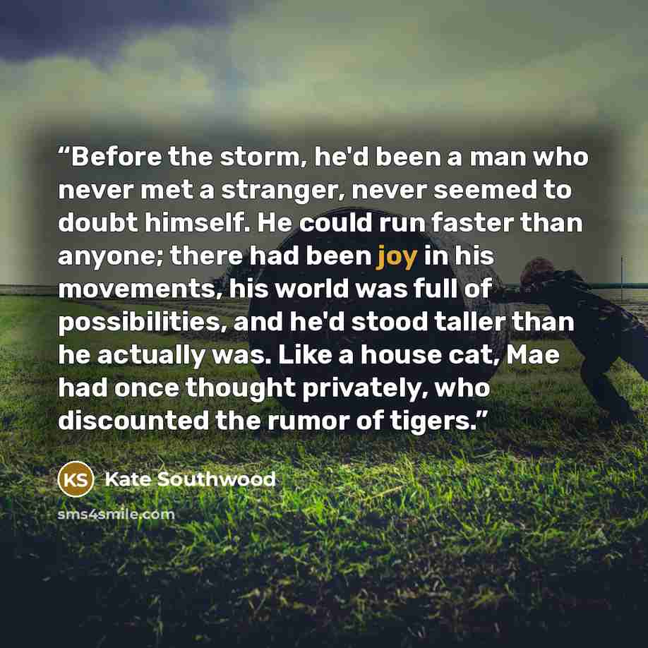 “Before the storm, he'd been a man who never met a stranger, never seemed to doubt himself. He could run faster than anyone; there had been joy in his movements, his world was full of possibilities, and he'd stood taller than he actually was. Like a house cat, Mae had once thought privately, who…” quote by Kate Southwood