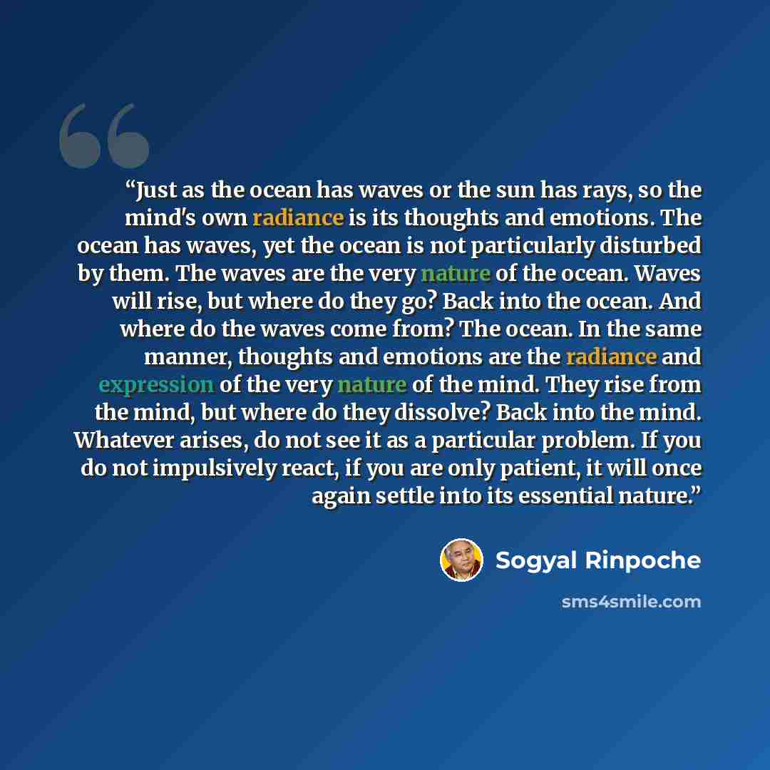 “Just as the ocean has waves or the sun has rays, so the mind's own radiance is its thoughts and emotions. The ocean has waves, yet the ocean is not particularly disturbed by them. The waves are the very nature of the ocean. Waves will rise, but where do they go? Back into the ocean. And where do…” quote by Sogyal Rinpoche
