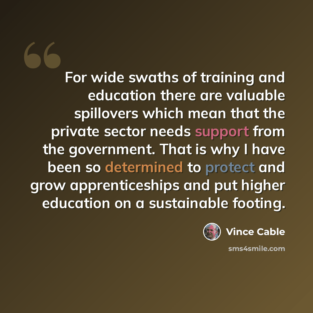 “For wide swaths of training and education there are valuable spillovers which mean that the private sector needs support from the government. That is why I have been so determined to protect and grow apprenticeships and put higher education on a sustainable footing.” quote by Vince Cable