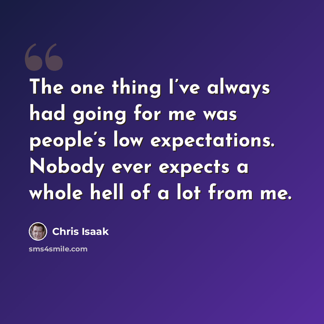 “The one thing I’ve always had going for me was people’s low expectations. Nobody ever expects a whole hell of a lot from me.” quote by Chris Isaak