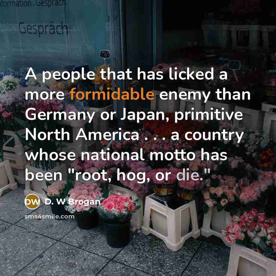 “A people that has licked a more formidable enemy than Germany or Japan, primitive North America . . . a country whose national motto has been "root, hog, or die."” quote by D. W Brogan