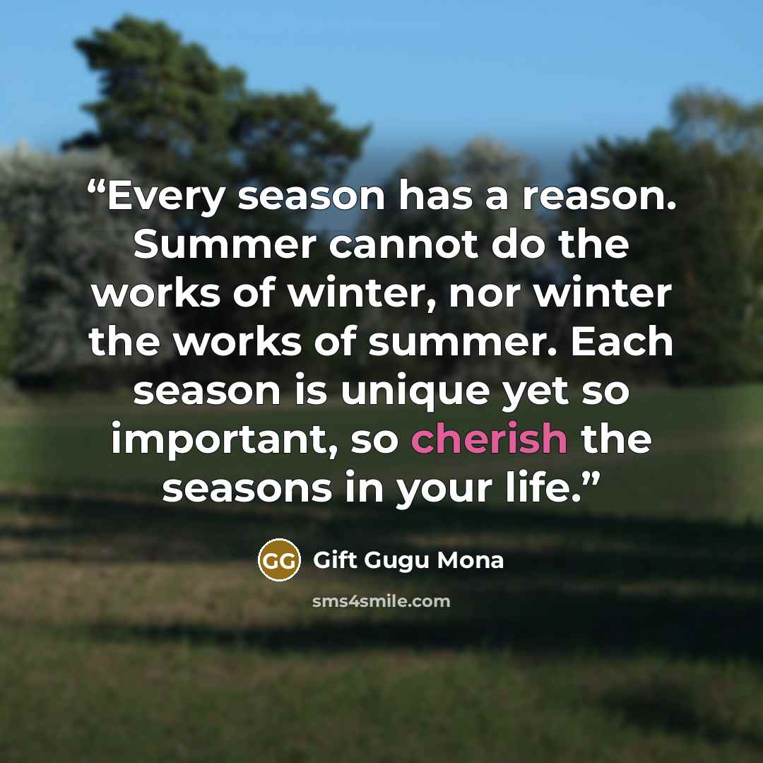 “Every season has a reason. Summer cannot do the works of winter, nor winter the works of summer. Each season is unique yet so important, so cherish the seasons in your life.” quote by Gift Gugu Mona