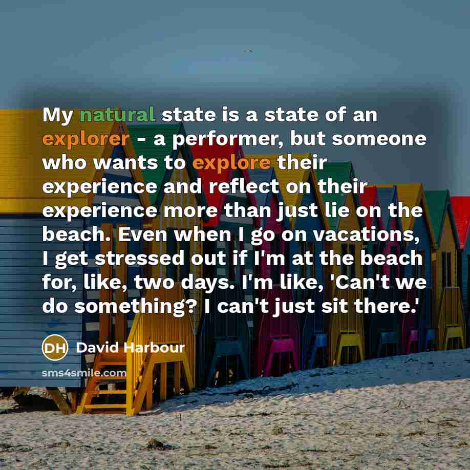 “My natural state is a state of an explorer - a performer, but someone who wants to explore their experience and reflect on their experience more than just lie on the beach. Even when I go on vacations, I get stressed out if I'm at the beach for, like, two days. I'm like, 'Can't we do something? I…” quote by David Harbour