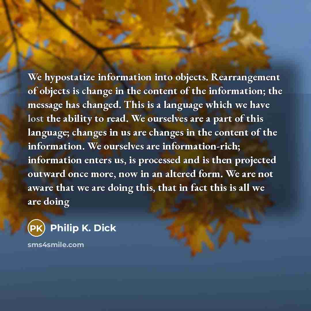 “We hypostatize information into objects. Rearrangement of objects is change in the content of the information; the message has changed. This is a language which we have lost the ability to read. We ourselves are a part of this language; changes in us are changes in the content of the information…” quote by Philip K. Dick