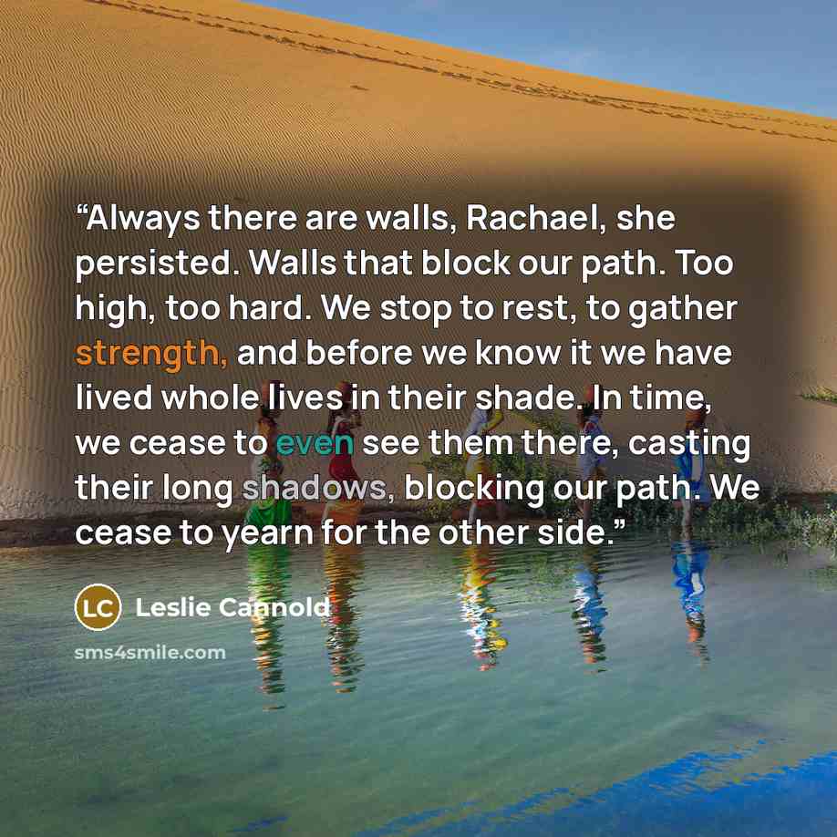 “Always there are walls, Rachael, she persisted. Walls that block our path. Too high, too hard. We stop to rest, to gather strength, and before we know it we have lived whole lives in their shade. In time, we cease to even see them there, casting their long shadows, blocking our path. We cease to…” quote by Leslie Cannold