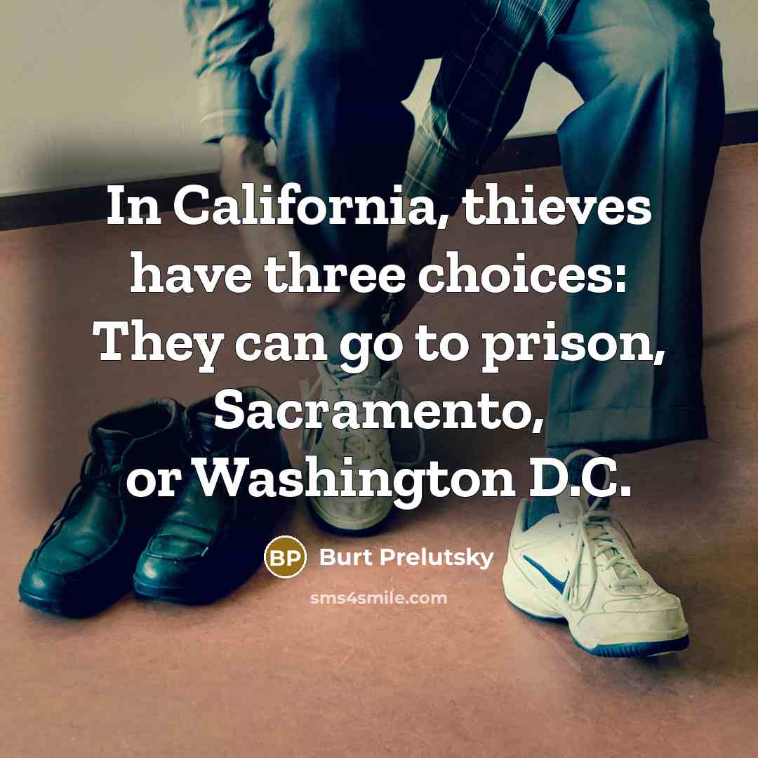“In California, thieves have three choices: They can go to prison, Sacramento, or Washington D.C.” quote by Burt Prelutsky