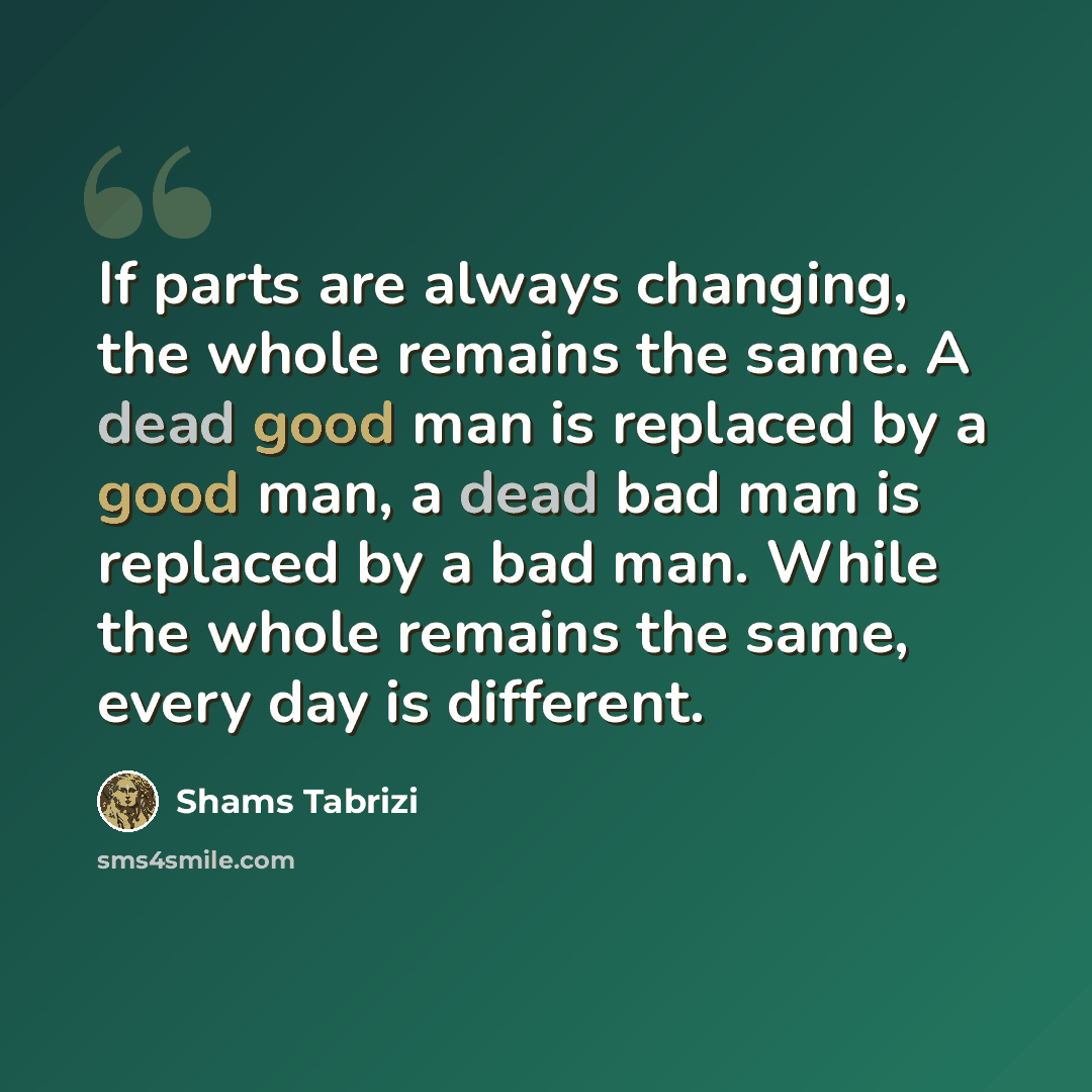“If parts are always changing, the whole remains the same. A dead good man is replaced by a good man, a dead bad man is replaced by a bad man. While the whole remains the same, every day is different.” quote by Shams Tabrizi