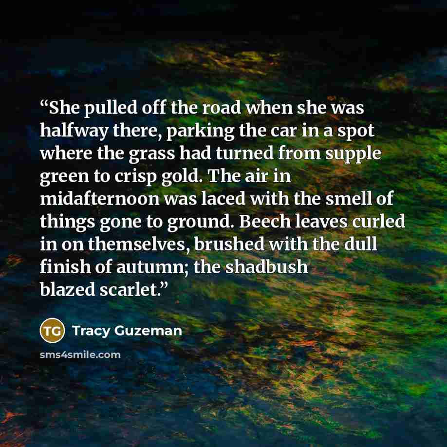 “She pulled off the road when she was halfway there, parking the car in a spot where the grass had turned from supple green to crisp gold. The air in midafternoon was laced with the smell of things gone to ground. Beech leaves curled in on themselves, brushed with the dull finish of autumn; the…” quote by Tracy Guzeman