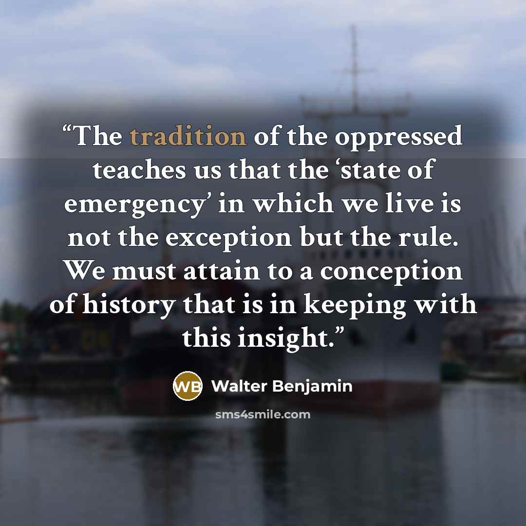 “The tradition of the oppressed teaches us that the ‘state of emergency’ in which we live is not the exception but the rule. We must attain to a conception of history that is in keeping with this insight.” quote by Walter Benjamin