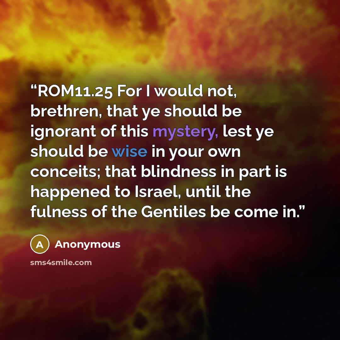 “ROM11.25 For I would not, brethren, that ye should be ignorant of this mystery, lest ye should be wise in your own conceits; that blindness in part is happened to Israel, until the fulness of the Gentiles be come in.” quote by Anonymous