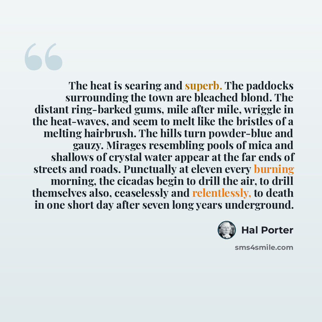“The heat is searing and superb. The paddocks surrounding the town are bleached blond. The distant ring-barked gums, mile after mile, wriggle in the heat-waves, and seem to melt like the bristles of a melting hairbrush. The hills turn powder-blue and gauzy. Mirages resembling pools of mica and…” quote by Hal Porter