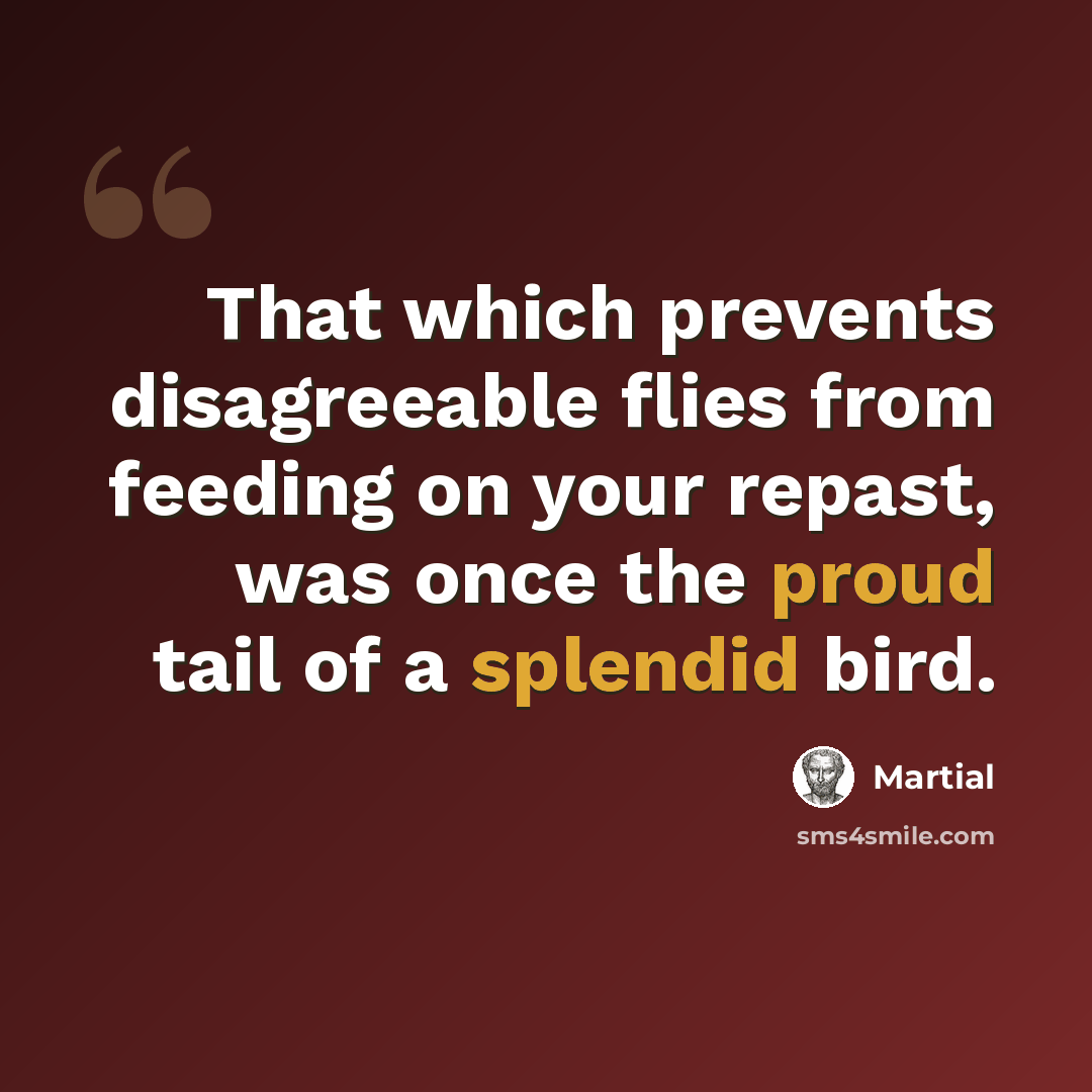 “That which prevents disagreeable flies from feeding on your repast, was once the proud tail of a splendid bird.” quote by Martial