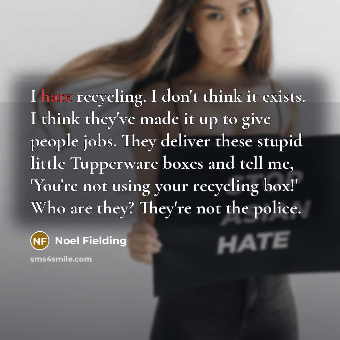 “I hate recycling. I don't think it exists. I think they've made it up to give people jobs. They deliver these stupid little Tupperware boxes and tell me, 'You're not using your recycling box!' Who are they? They're not the police.” quote by Noel Fielding