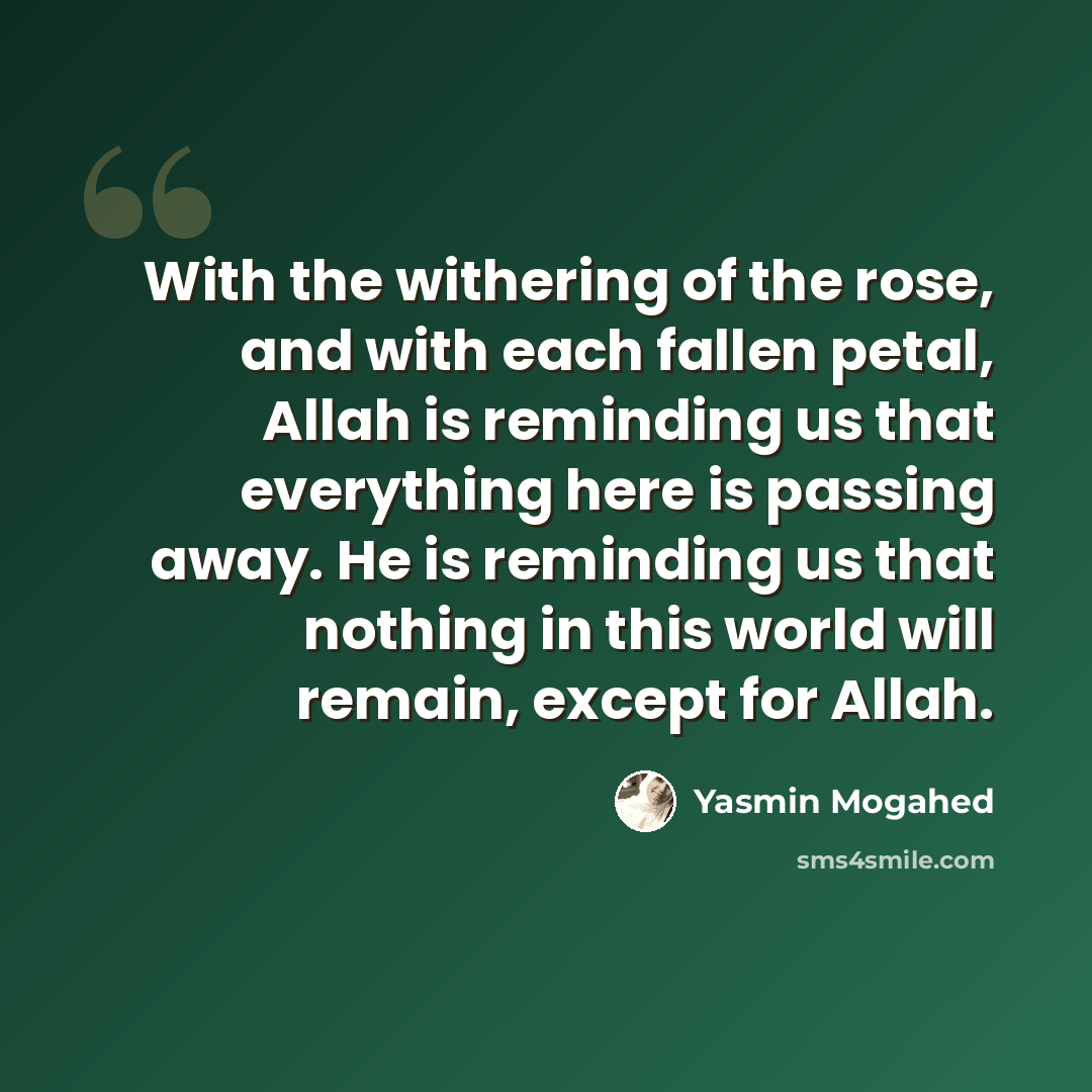 “With the withering of the rose, and with each fallen petal, Allah is reminding us that everything here is passing away. He is reminding us that nothing in this world will remain, except for Allah.” quote by Yasmin Mogahed