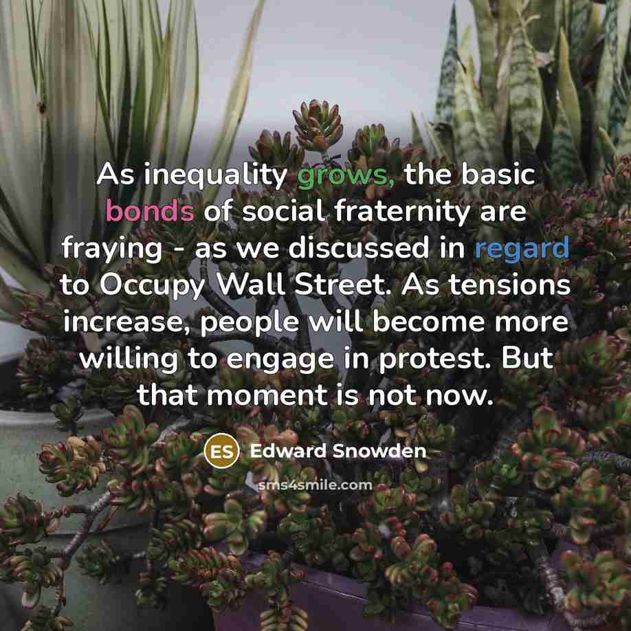 “As inequality grows, the basic bonds of social fraternity are fraying - as we discussed in regard to Occupy Wall Street. As tensions increase, people will become more willing to engage in protest. But that moment is not now.” quote by Edward Snowden