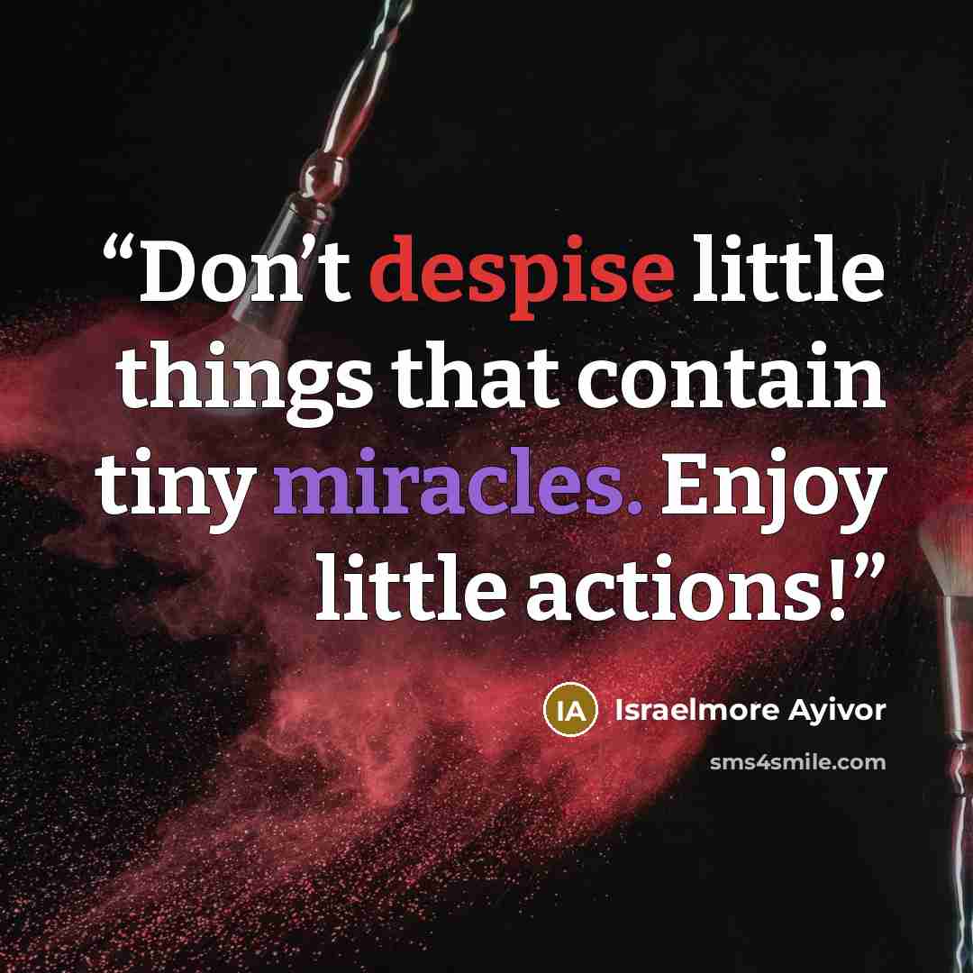 “Don’t despise little things that contain tiny miracles. Enjoy little actions!” quote by Israelmore Ayivor